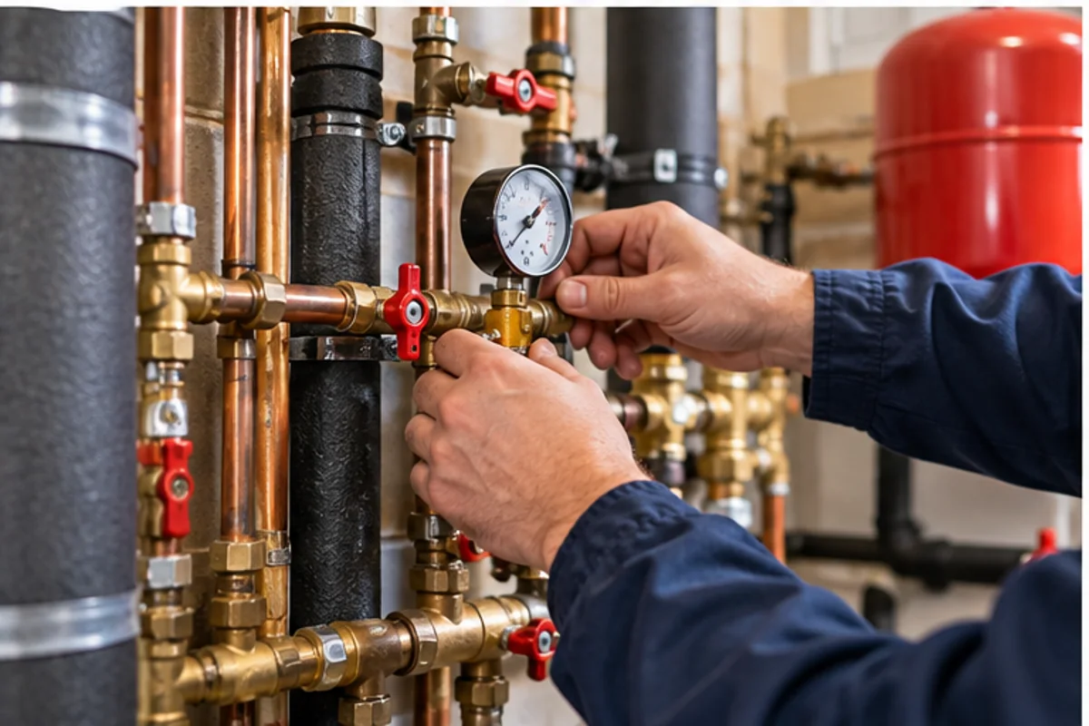 Technician adjusting boiler pressure controls and hydronic heating components for energy efficiency