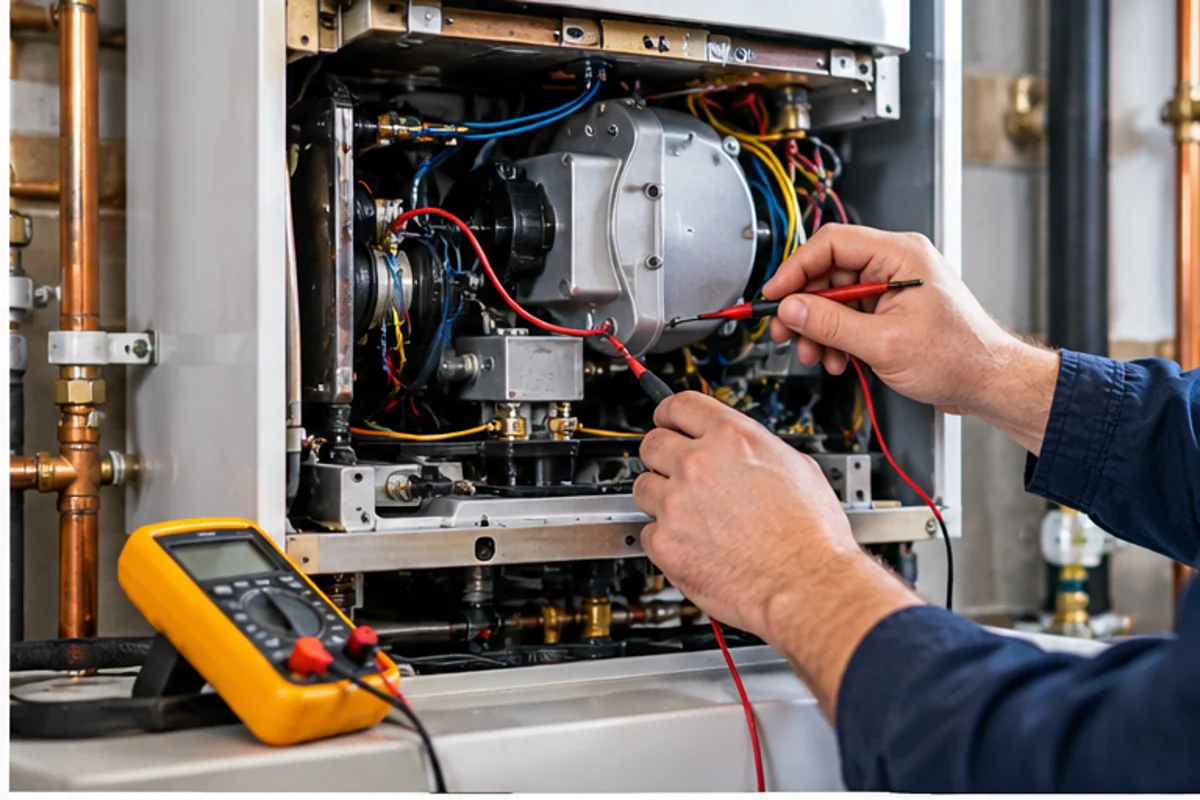 Heating technician testing internal boiler components during an emergency boiler repair inspection