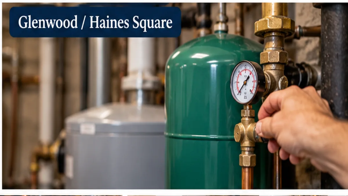 Hands checking a boiler expansion tank and pressure gauge during service near Glenwood and Haines Square in Medford MA