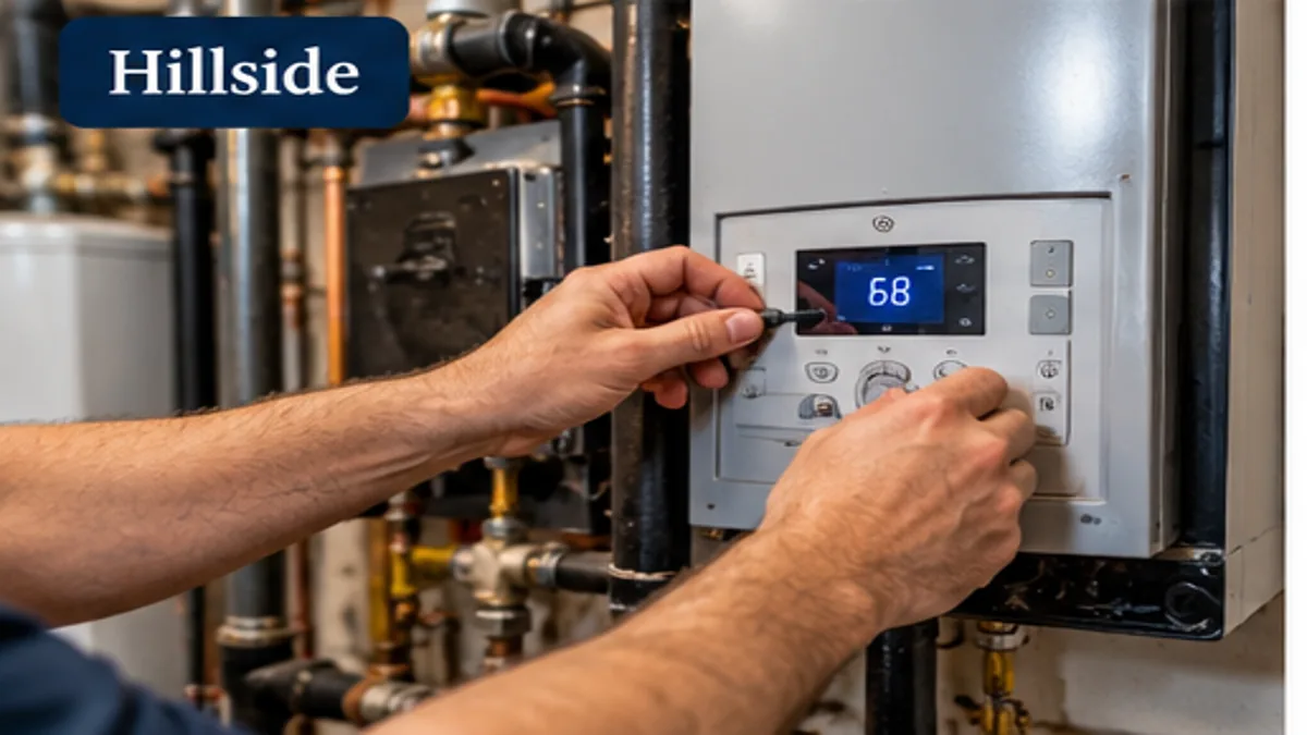 Hands adjusting boiler controls during heating service in the Hillside area of Medford MA