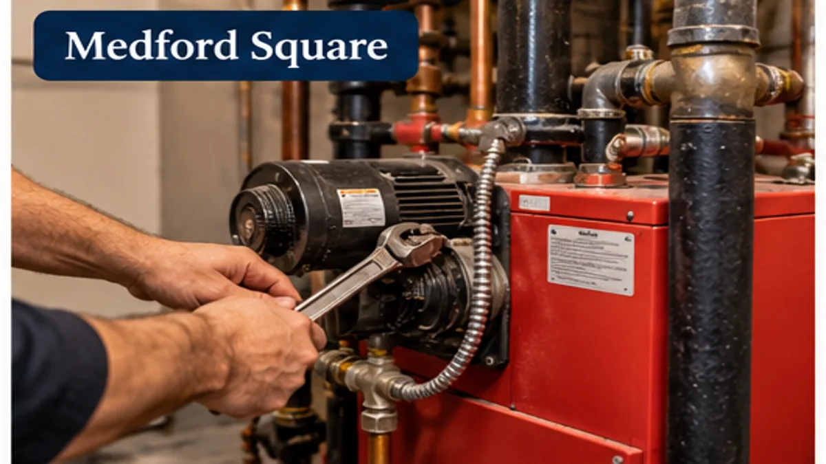 Hands servicing a boiler circulation pump in Medford Square, Medford MA