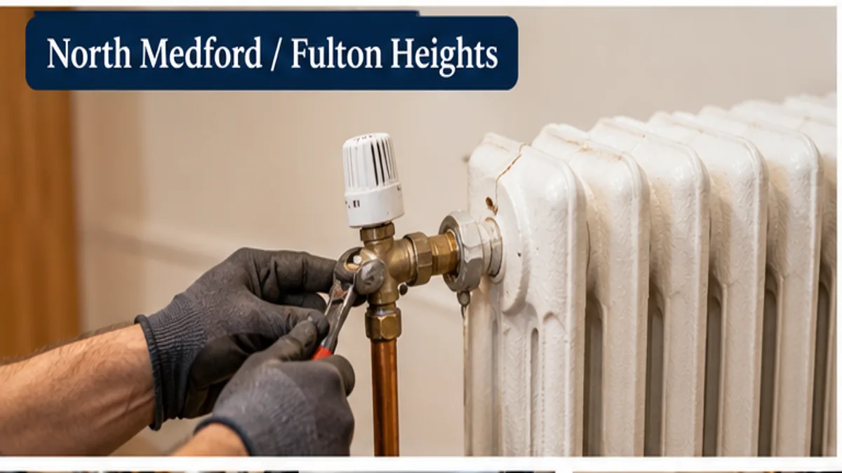 Hands adjusting a radiator valve during heating repair service in North Medford and Fulton Heights, Medford MA