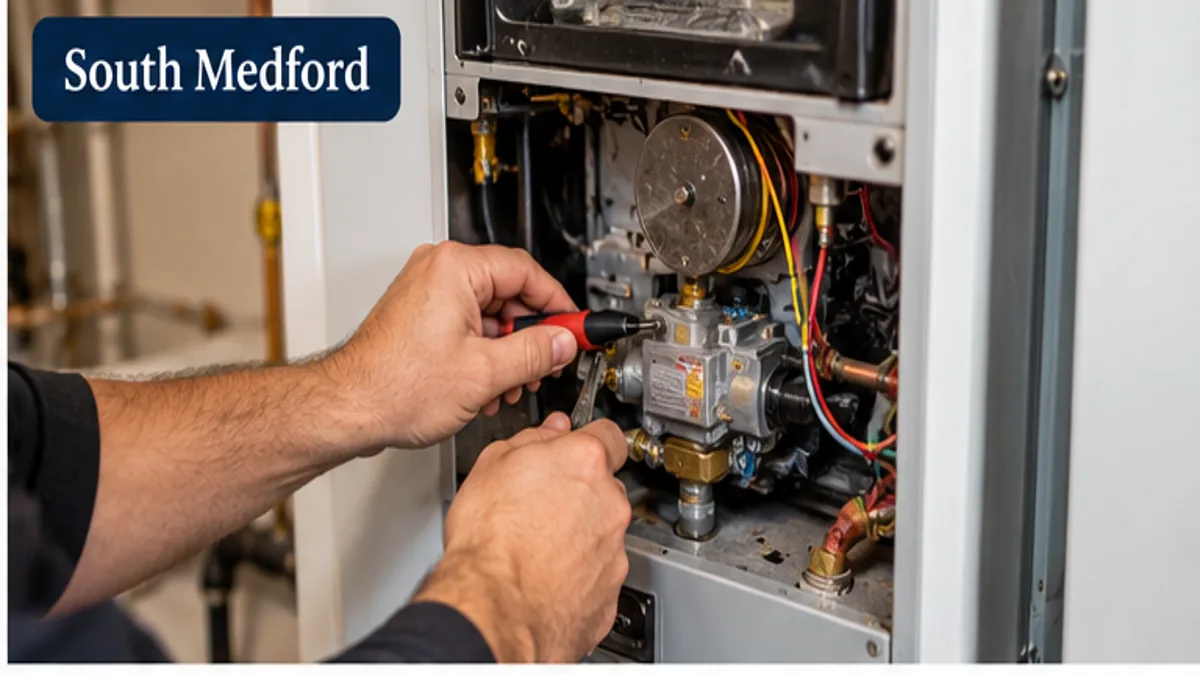 Hands testing boiler ignition components during boiler repair service in South Medford, Medford MA