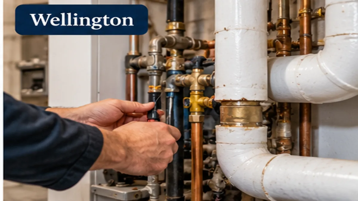 Hands inspecting boiler piping and valves during heating service in Wellington, Medford MA