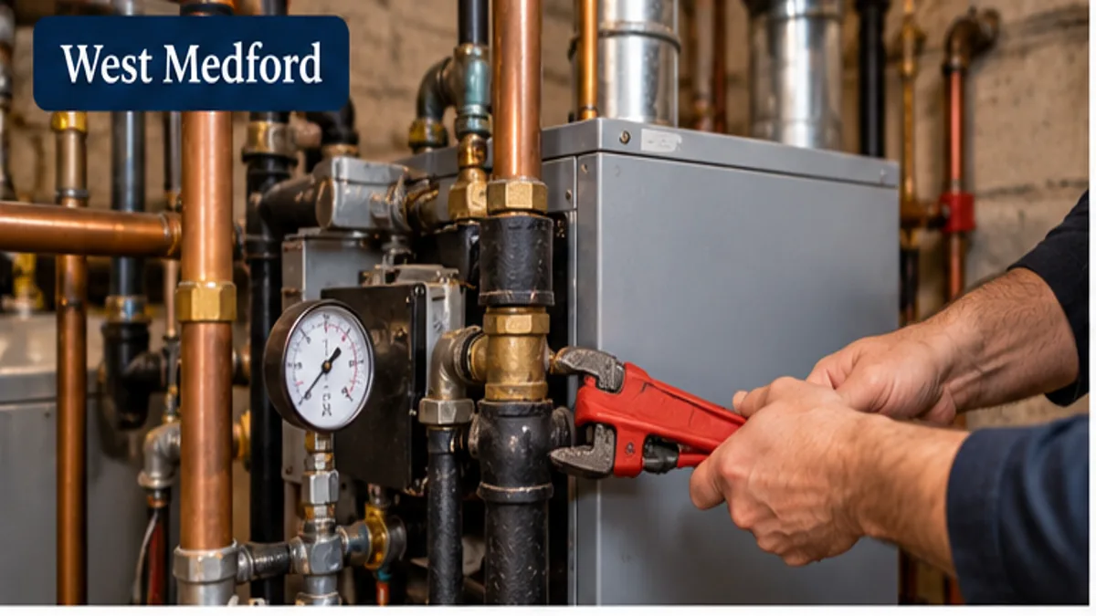 Hands checking a boiler pressure gauge and piping during heating service in West Medford, Medford MA